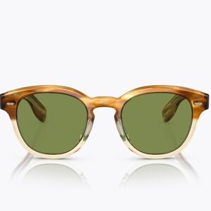 Oliver Peoples Two-Tone Amber to Cream Round Sunglasses with Green Lenses